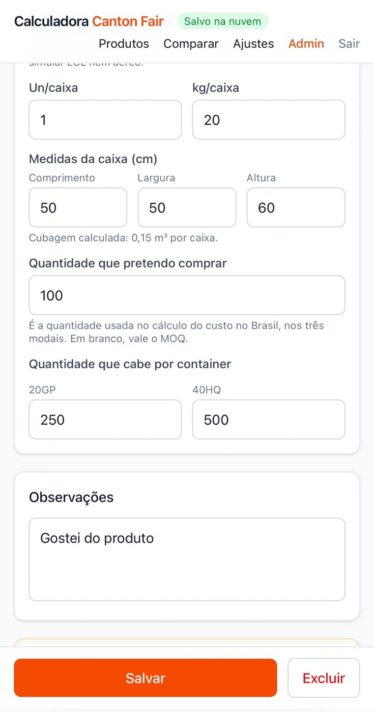 Tela com medidas da caixa, peso, quantidade desejada e quantidade por container
