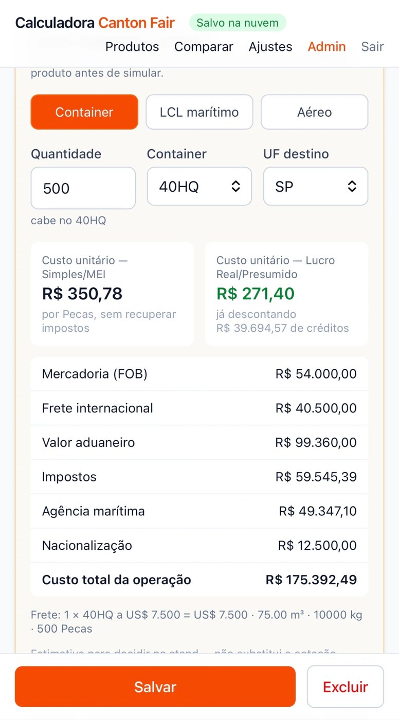 Tela do custo no Brasil, com impostos, frete e custo unitário por regime tributário